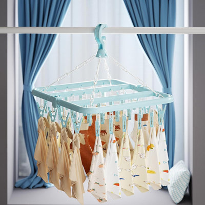 Séchoir à linge pliable, vert clair, suspendue avec crochet et pinces rotatives, support portatif pour l'intérieur et l'extérieur