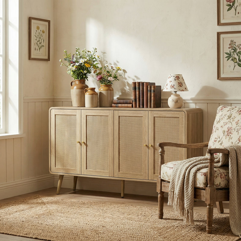 Mid-Century Modern Sideboard With Rattan Doors And Adjustable Shelves