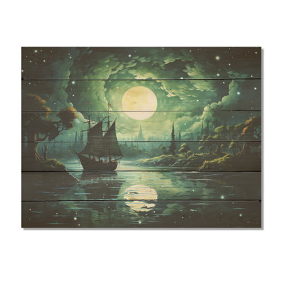 Conte de lune lunatique, bateau de pirate, Contes des marées I - Art sur bois de pin naturel