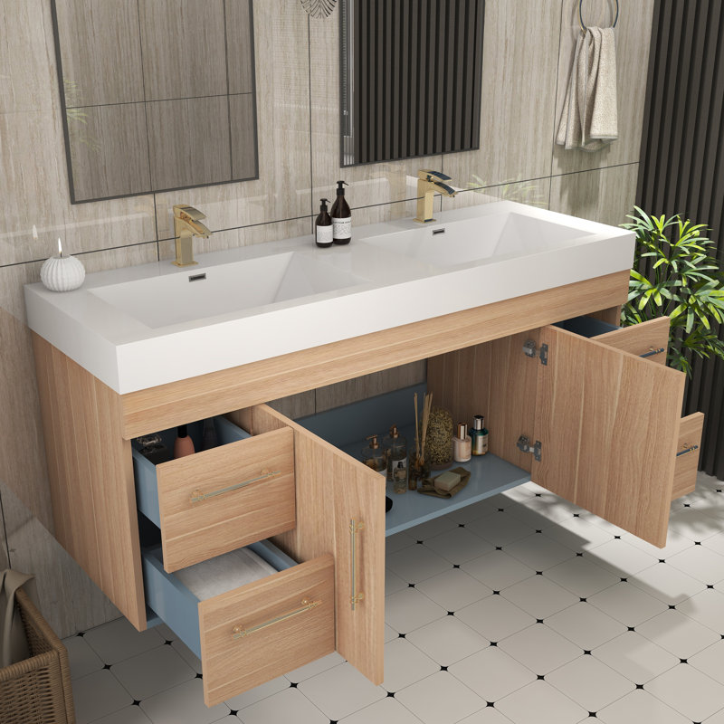 59" Wall-Mounted Double Bathroom Vanity Set, Champagne Oak