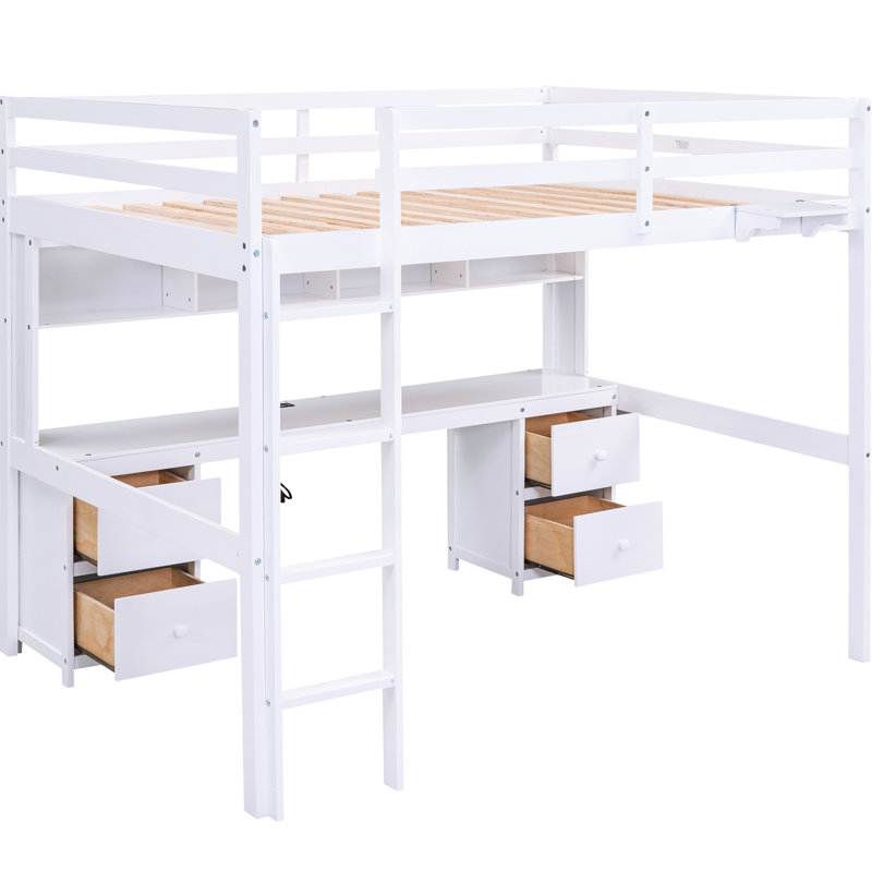 Lit mezzanine pleine grandeur avec bureau, armoires et rangement de chevet - Bois massif blanc avec station de charge, Blanc