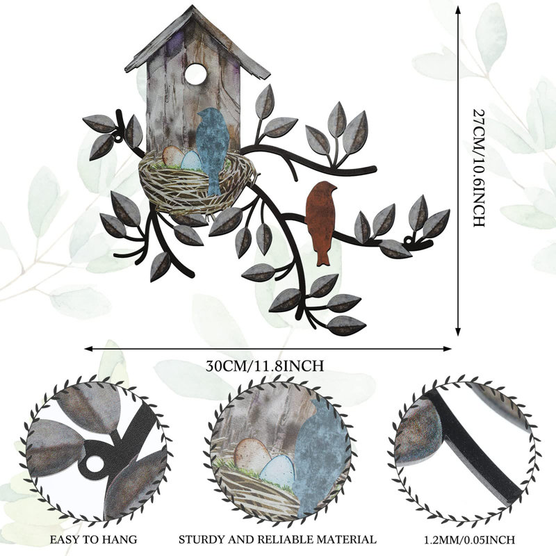 Décoration murale oiseau en métal, art mural feuille d'arbre avec nichoir, Brun