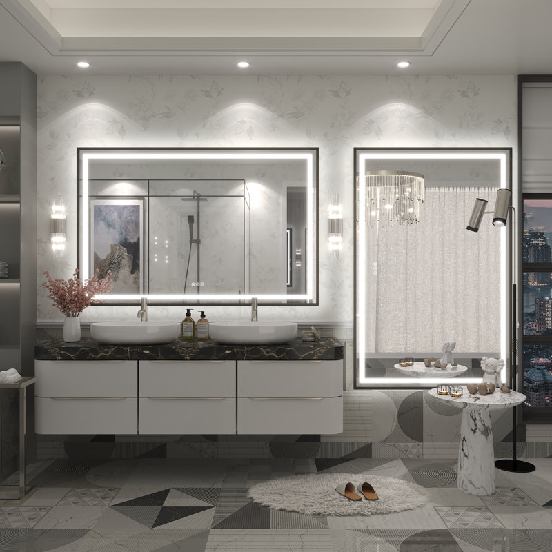 Molly Framelss or Framed LED Anti-Fog Tempered Glass Wall Bathroom Vanity Mirror - UL Certified, 55" x 36", Black