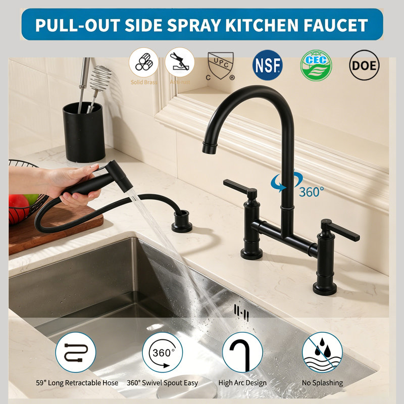 WESHI Matte Black 3-Hole Deck Mount Bridge Kitchen Faucet with 59" Extra Long Pull-Out Side Sprayer, High Arc Swivel Dual Handle Stainless Steel Kitchen Sink Faucet for Home & Commercial Kitchen