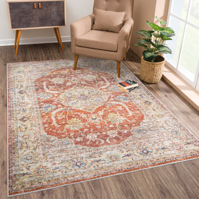 Tapis oriental lavable antidérapant 9 x 12 - orange / olive