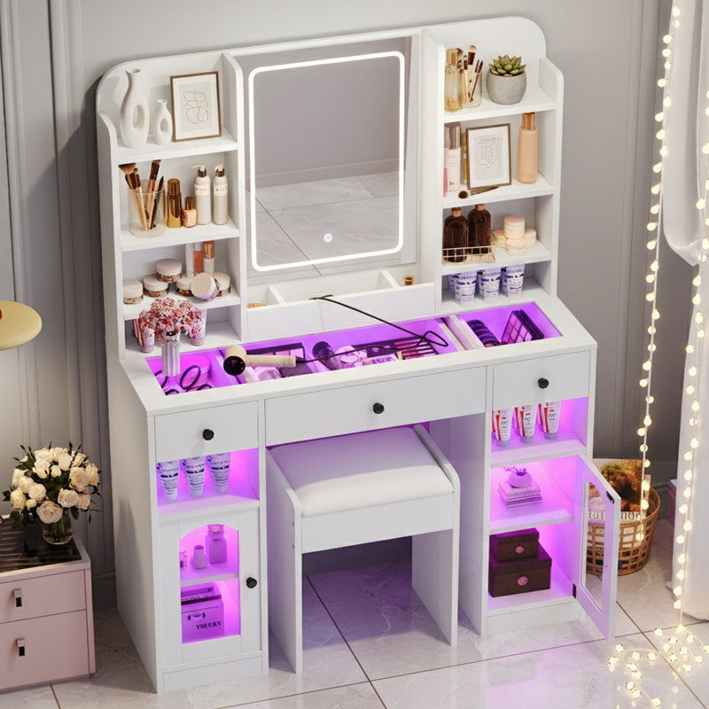 Bureau de coiffeuse 3 tiroirs avec miroir à DEL, armoires lumineuses et tabouret, Blanc