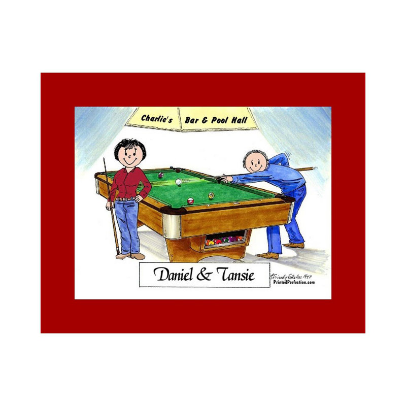 Personalized Billiards, Pool Player Couple Cartoon Caricature with a Mat, Ready to Frame, Yes