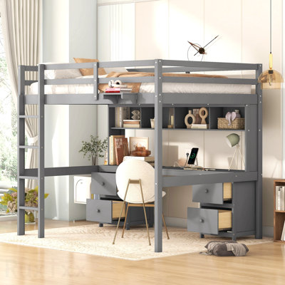 Full Size Loft Bed With Desk, Cabinets, Drawers And Bedside Tray, Charging Station, Gray