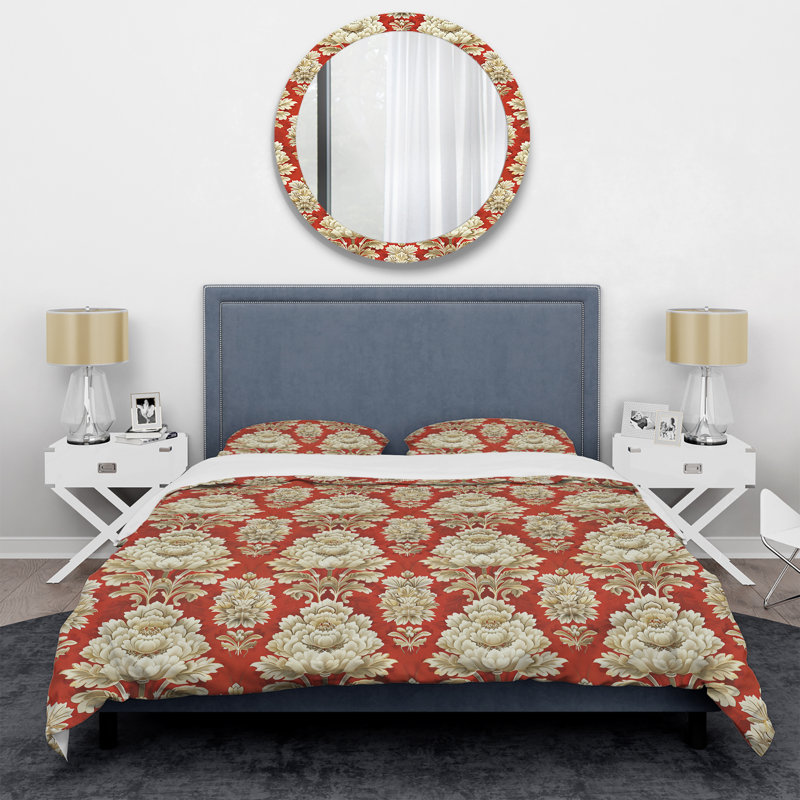 Ensemble de housse de couette rouge et or damassé Beauty I - Tiles, Housse de couette pour grand lit et 2 taies décor