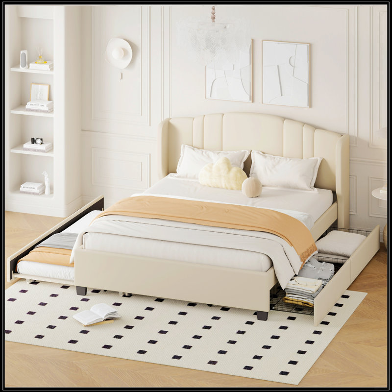 Upholstered Platform Bed With Wingback Headboard, Twin Trundle, And 2 Drawers, No Box Spring Needed, Linen Fabric, Queen Size, Pink