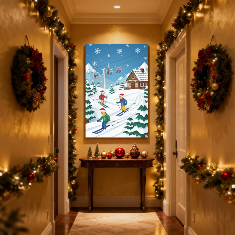 Scène de Noël de Noël avec montagnes enneigées et chalet, ensemble de 3 impressions sur toile, H 36 po x l 24 po