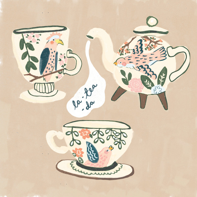 La Tea Da Birdie Teacups - Wrapped Canvas Painting, 30cm H x 30cm W x 3.8cm D