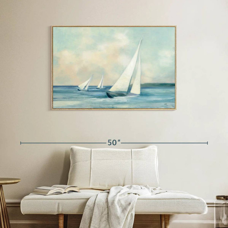Voiliers au lever du soleil, Cadre flottant en bois naturel, 40 po x 27 po