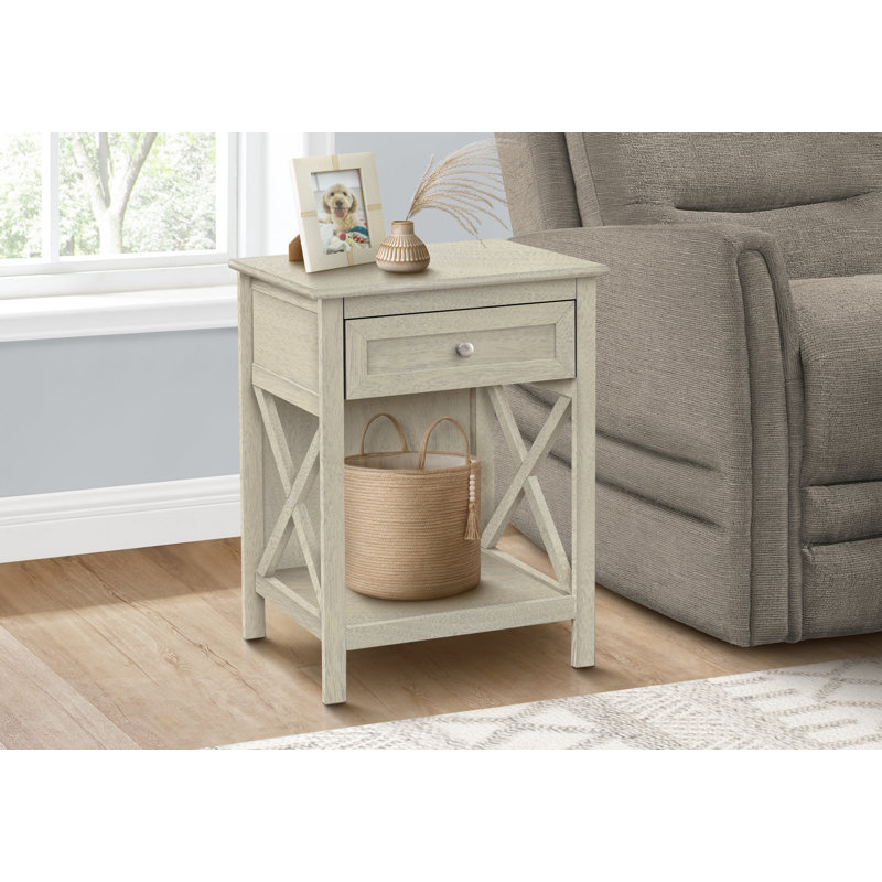 Table d'appoint, table de bout, table d'appoint, 2 niveaux, chambre à coucher, table de chevet, lampe, tiroir de rangement, placage blanc antique, transitionnel