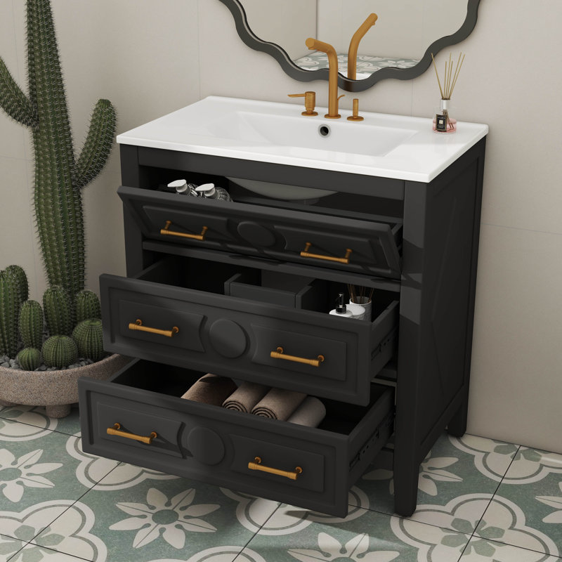 30'' Solid Wood Frame Bathroom Storage Cabinet, Freestanding Unit With 3 Utility Drawers, Black, Gold