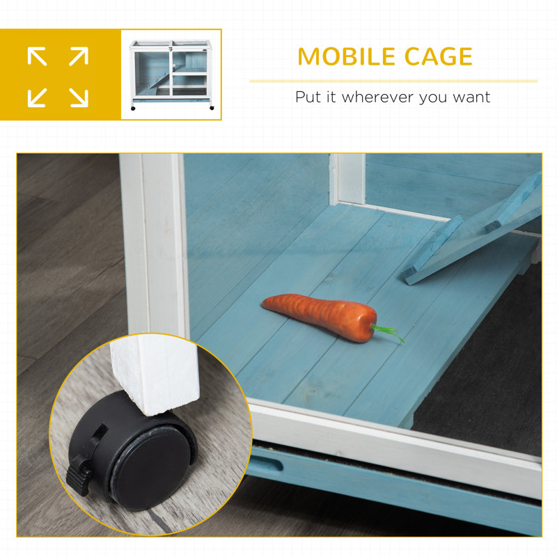 Light Blue Wooden Guinea Pig Cage with Ramp and Wheels