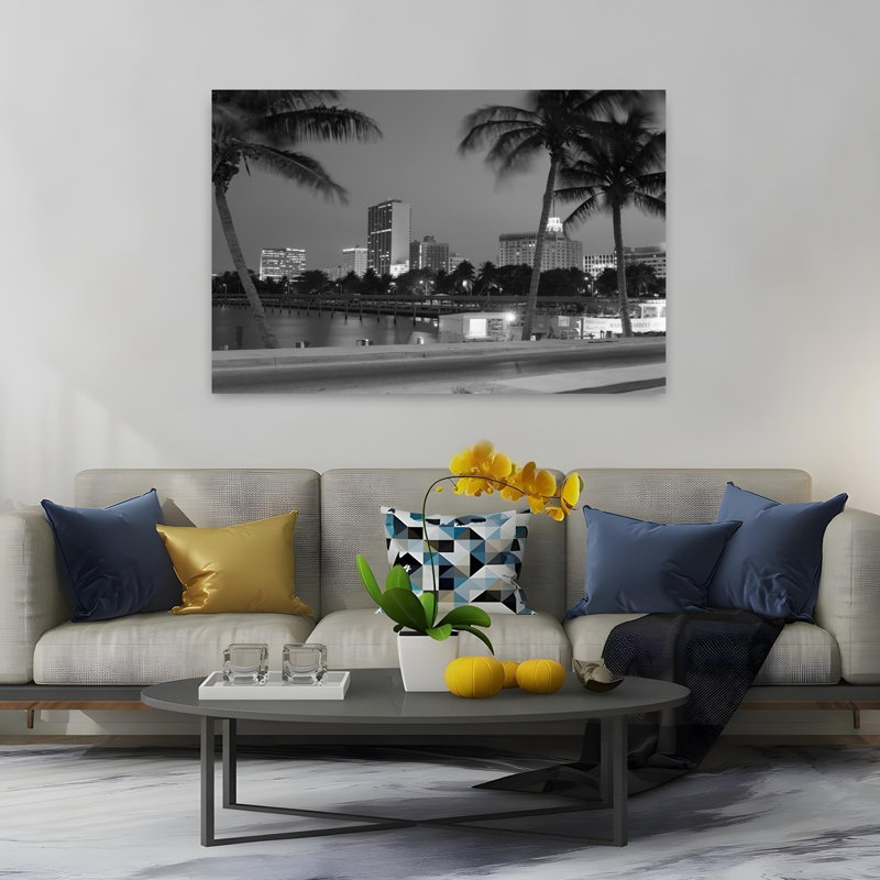 «1970S Night View Skyline with Palm Trees Miami Florida Classic Retro Vintage Palm Tree Urban Architecture, art mural