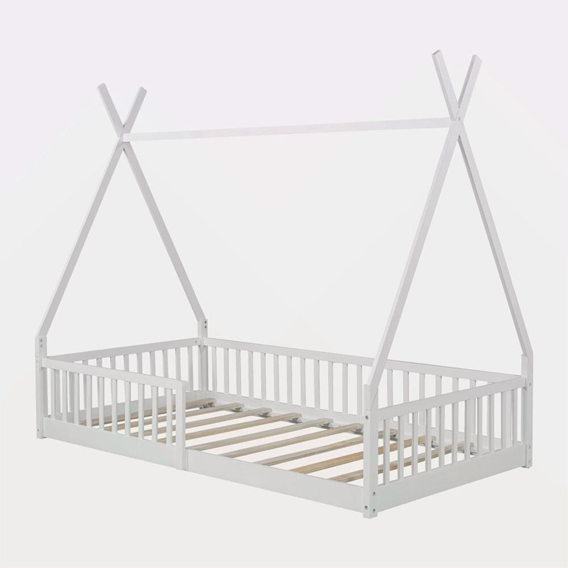 Lit maison en bois avec clôture Kitzie, Blanc
