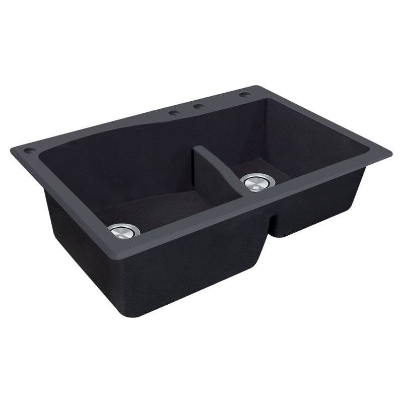 Aversa 33'' L Double Bowl Granite Kitchen Sink, Black, 4-BACE Hole