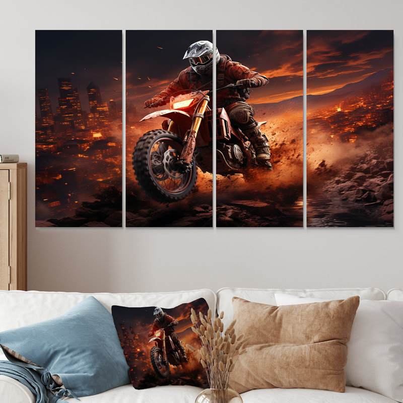 Orange et noir Dirt Bike Rider I - Moto, art mural 4 pièces, H 28 po x l 48 po