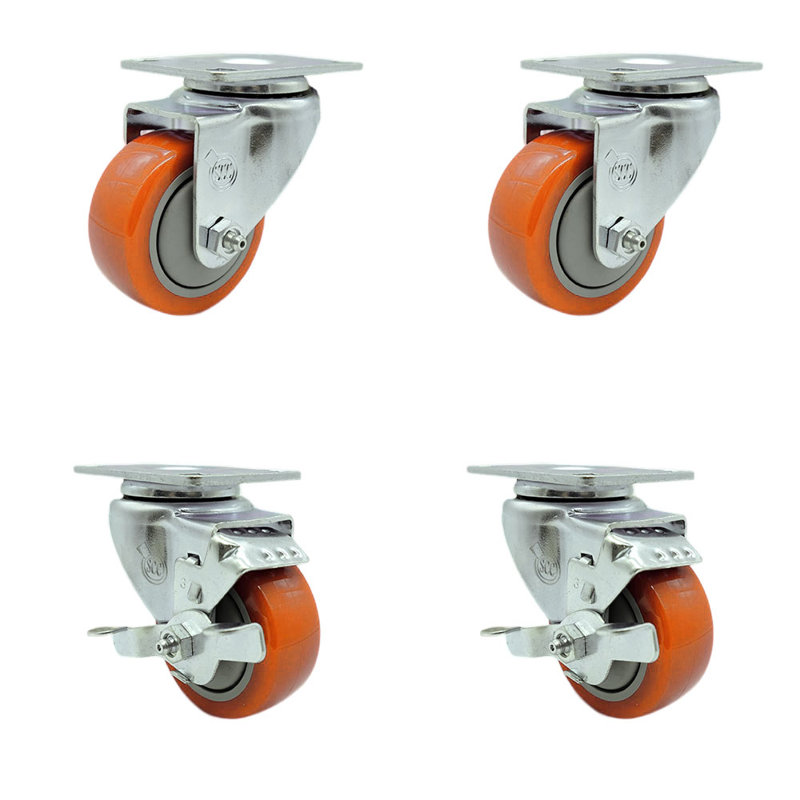 Ensemble de roulettes 3 pouces avec roulettes en polyuréthane orange et 2 freins SCC
