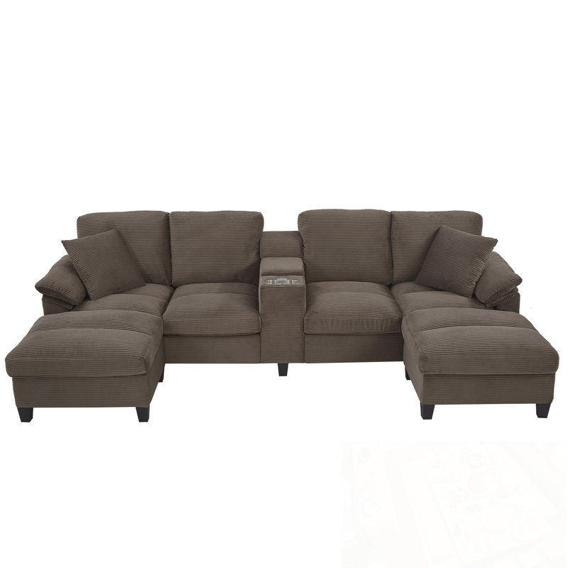 U-Shaped Sectional Sofa With Storage Ottomans, Cup Holders And USB Ports, Brown Corduroy
