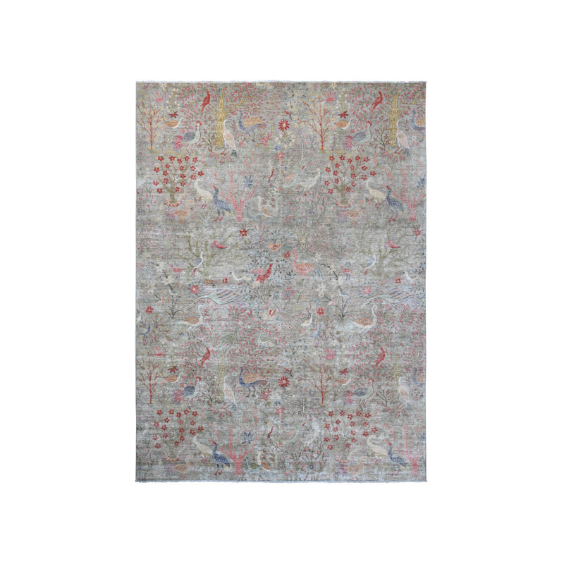 Tapis oriental rectangulaire gris en laine noué à la main 9 pi 11 po x 13 pi 8 po - MOA10220559