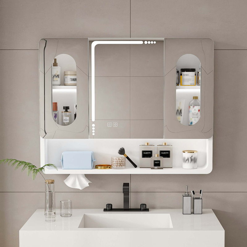 Armoire de salle de bain murale à miroir avec lumières DEL, anti-buée et anti-déflagrant, armoire à pharmacie tactile, éclairage 3 couleurs, désembueur, rangement avec verre