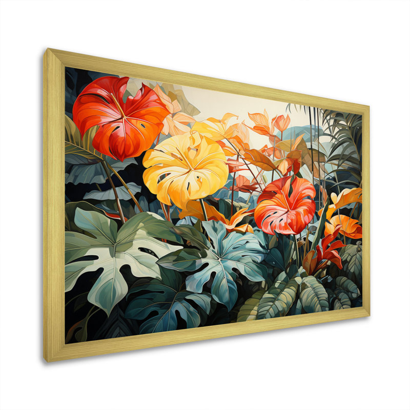 Orange tropical et feuillage vert I, Encadrement doré, H 16 po x l 32 po x P 1 po