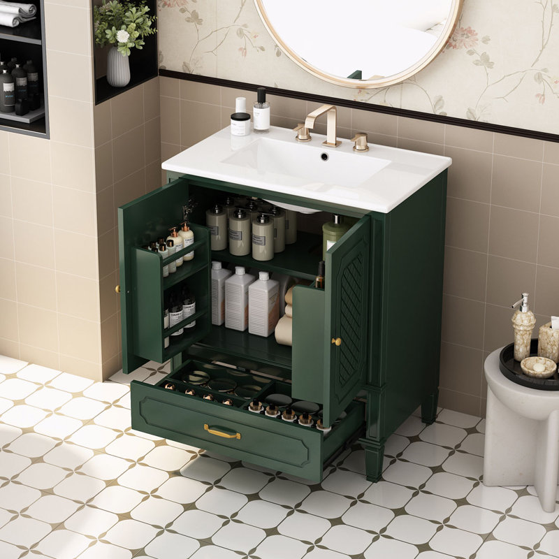 Meuble-lavabo de rangement avec lavabo en céramique, Vert