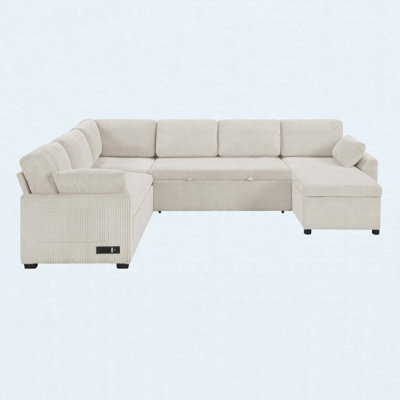 111" U-Shaped Convertible Sofa Bed with Reversible Chaise & Storage Pockets