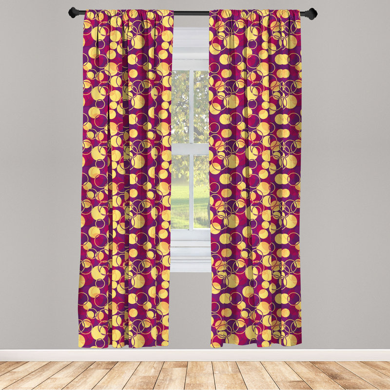 George Oliver Abstract 4-Panel Curtains, Circles and Rings Pattern, Pastel Yellow and Raspberry, 56" W x 63" L
