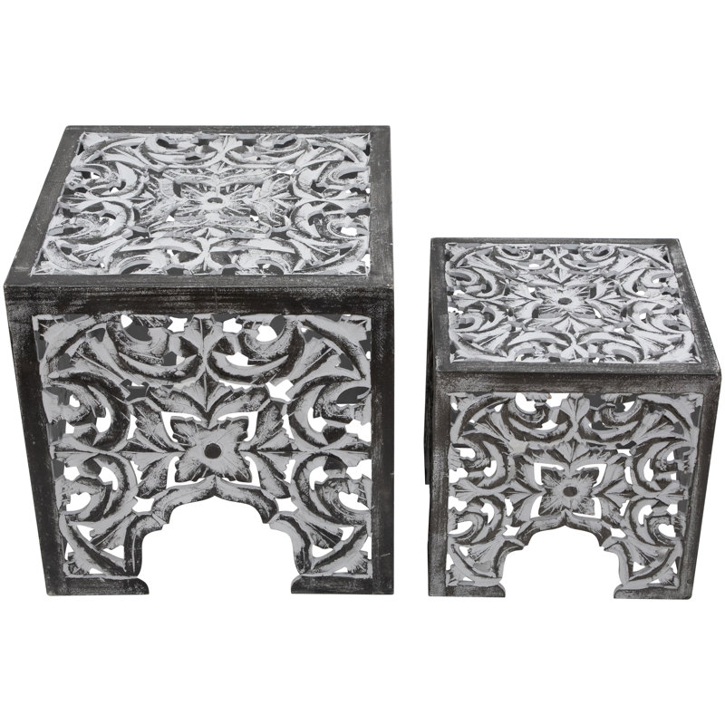Ensemble de 2 tables d'appoint et tabouret empilables carrés gris et noirs 16 "