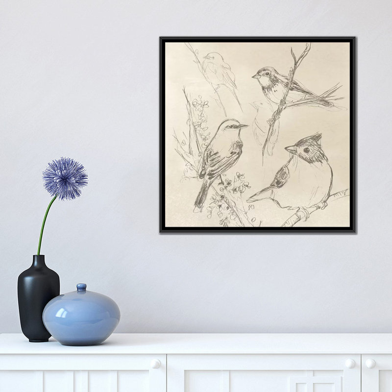 « rétro songbird croquis i », impression sur toile, H 18 po x l 18 po x P 1,5 po, Toile avec cadre noir, Pas de tapis