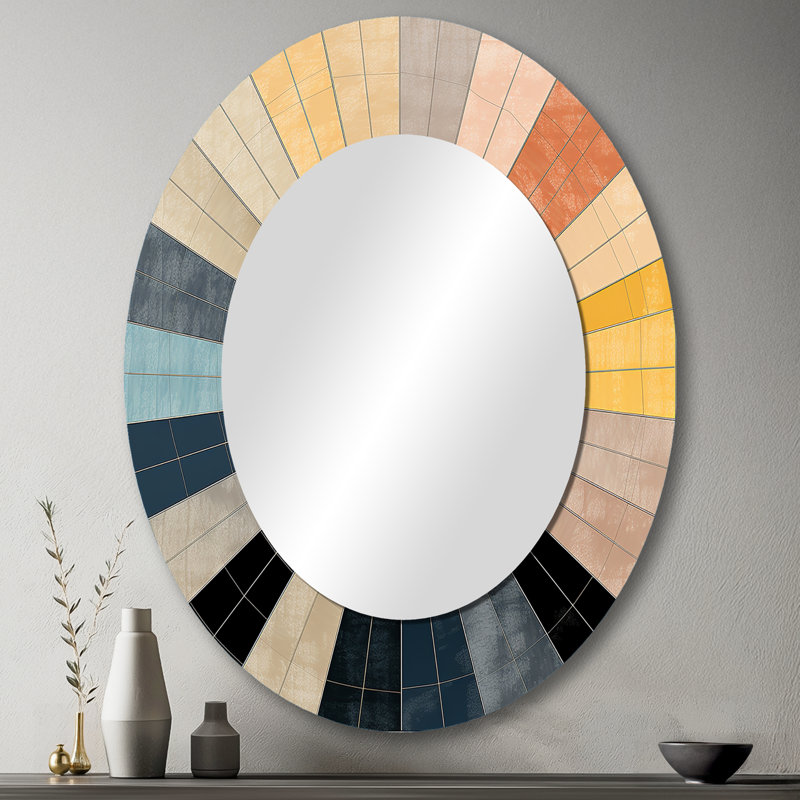 Mid-Century New Balance Abstract Geometrics III - Abstract Oval Decorative Mirror On Metal, 43" x 33"