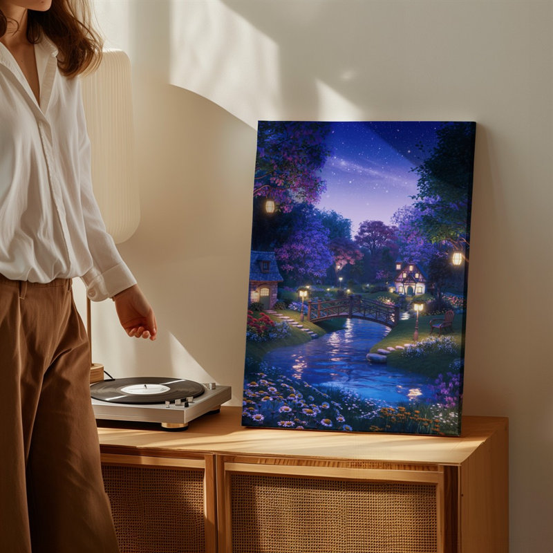 Toile, art fantaisiste de conte de fées dans une forêt vibrante au crépuscule, illuminée par une douce lumière chaude