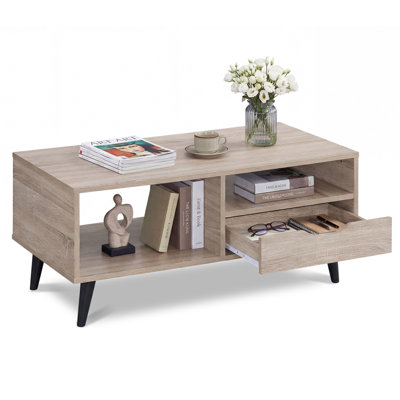 Hommoo Rustic Coffee Table with Ample Storage, Rectangle Center Table for Living Room, Engineered Wood, Easy Assembly, Natural