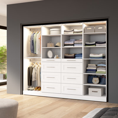 Bestar Florence 100W X 25D Modular Reach-In Or Walk-In Closet System With LED Lights, Rods, Shelves, And Drawers, Shaker Style