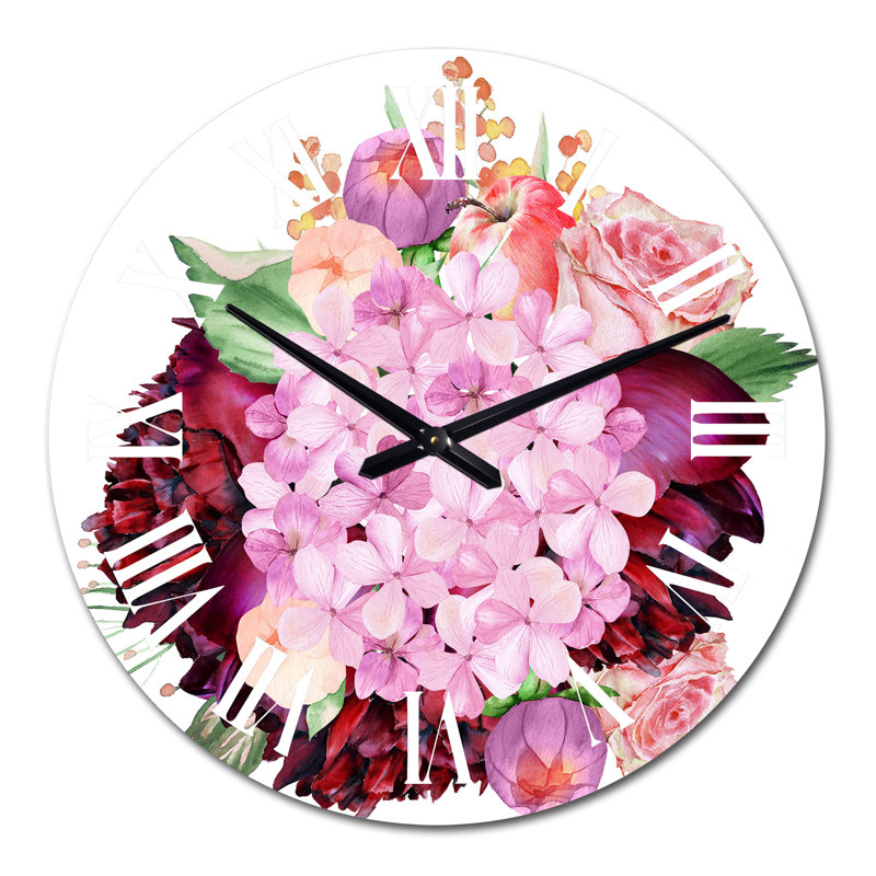 Horloge murale traditionnelle bourgogne et rosé avec hortensia, Moyen