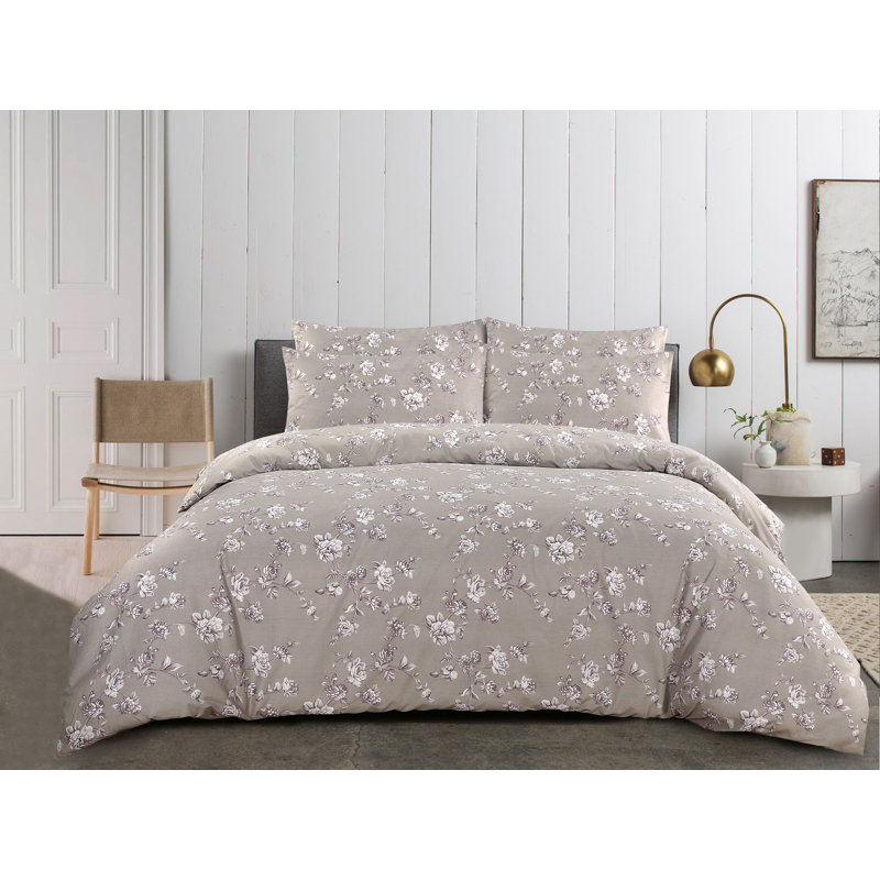 Garnes Floral Duvet Cover Set with Pillowcases Included, Single Duvet Cover + 1 Standard Pillowcase, Grey