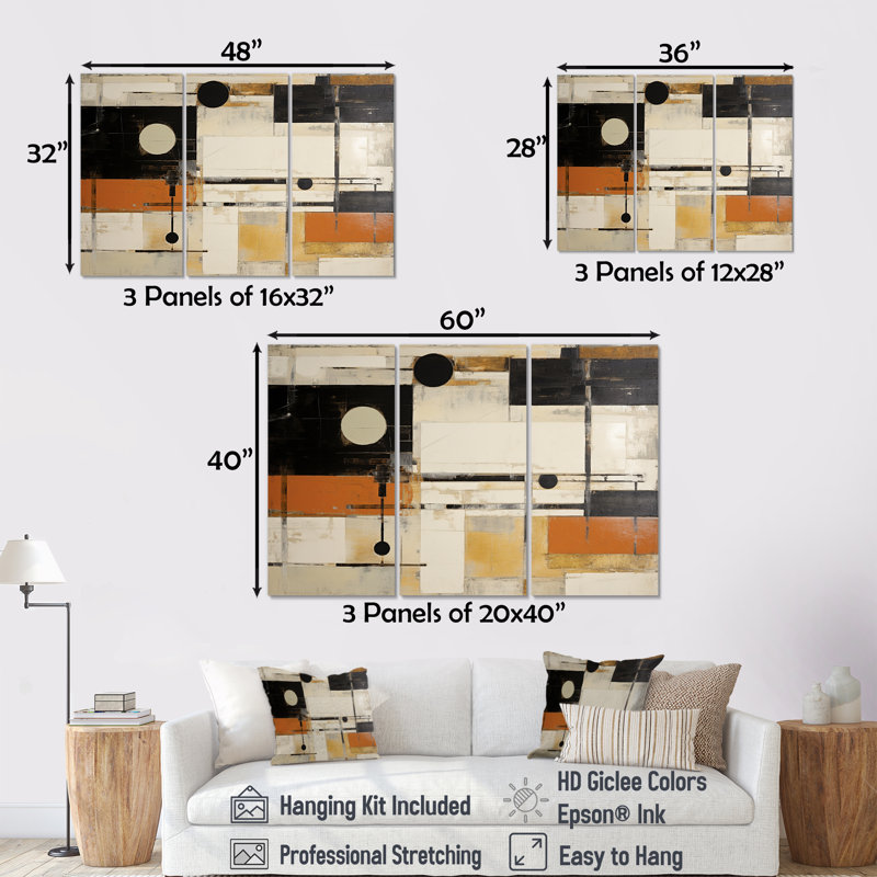 Modernisme orange noir beige - ensemble de décoration murale abstrait, Toile tendue, H 40 po x l 60 po x P 1 po