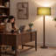 Lampe sur pied sculpturale 62 po en bois massif avec perle en bois empilée, abat-jour tambour en lin 18 po, finition noyer et interrupteur au pied-1740705699
