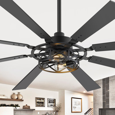 65" Large Industrial 8-Blade Ceiling Fan with Dual E26 Light and Remote, 6-Speed Reversible DC Motor, Black/Walnut Blades