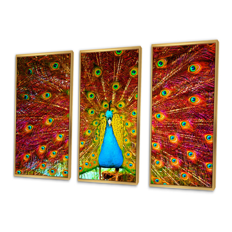 «Peacock Dancing - Animal», ensemble de 3 toiles encadrées, H 28 po x l 36 po x P 1 po, Or