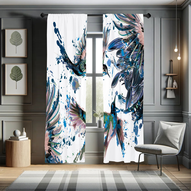 Rideaux colibris Ebern Designs, fleurs de lis d'art, paire de 28 po, bleu nuit, L 28 po x L 84 po