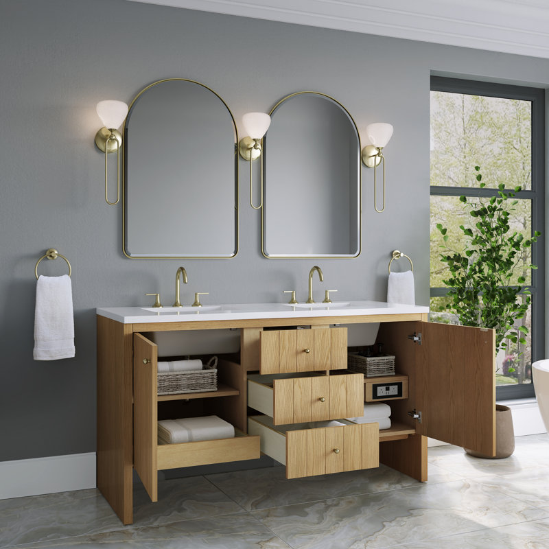 Hudson 60 " W Freestanding Standard Free Standing 2 Double Vanity Bathroom Vanity With Top, Light Natural Oak, White Zeus