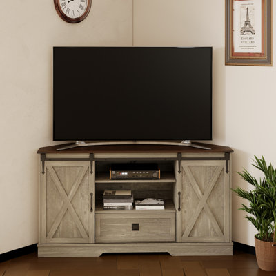 Meuble télé d'angle pour téléviseur 65 po - avec porte de grange coulissante - Meuble audio-vidéo - Armoire média - 58 po x 16 po x H 31,5 po