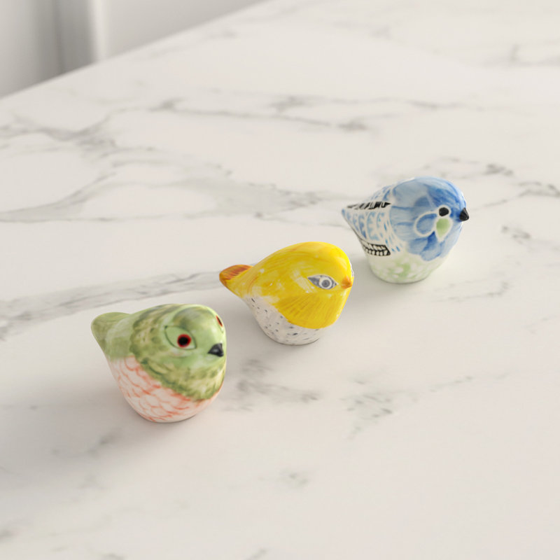 3-Piece Hand-Painted Stoneware Bird Figurines