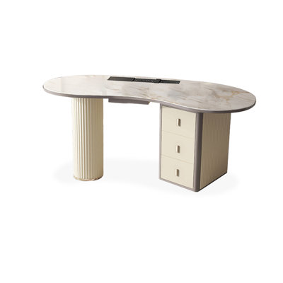 Bureau en bois manufacturé courbé blanc avec 3 tiroirs
