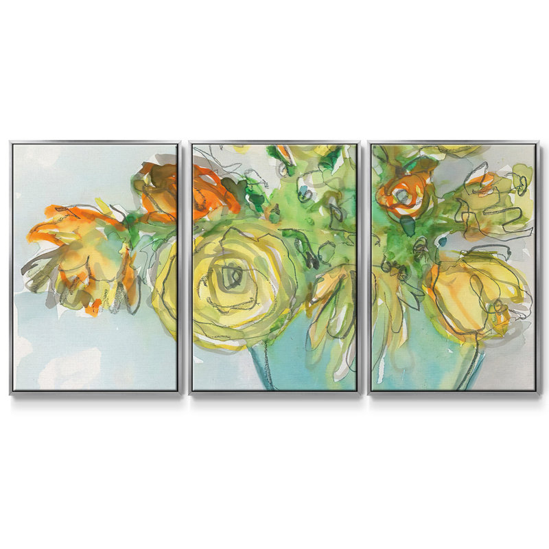 Ensemble de 3 fleurs printanières, H 36 po x l 75 po, Encadrement argenté
